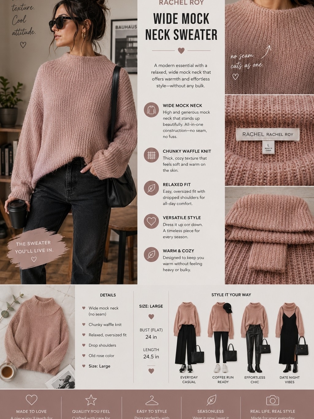 RACHEL Rachel Roy Wide Mock Neck Sweater - Rose Dust